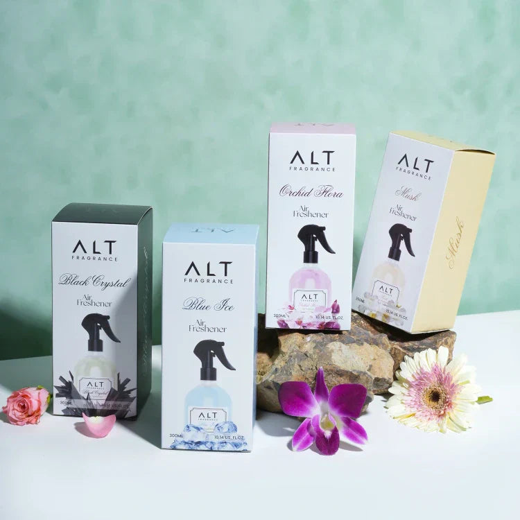(Pack of 4) Blue Ice, Orchid Flora, Black Crystal & Musk - Air fresheners (300 ML x 4)